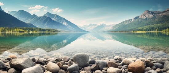 Serene lake surrounded by mountains and rocks
