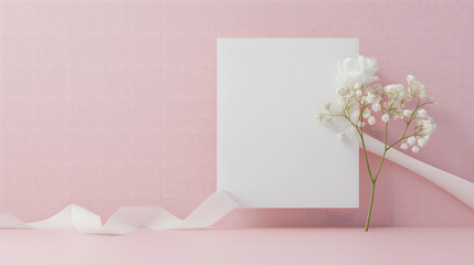 Elegant White Flowers and Blank Card on Pink Background