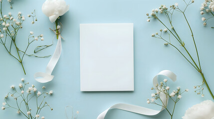 Elegant Greeting Card Mockup with White Flowers and Ribbons on Blue Background