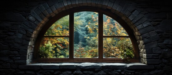 A window overlooking a forest outside - obrazy, fototapety, plakaty