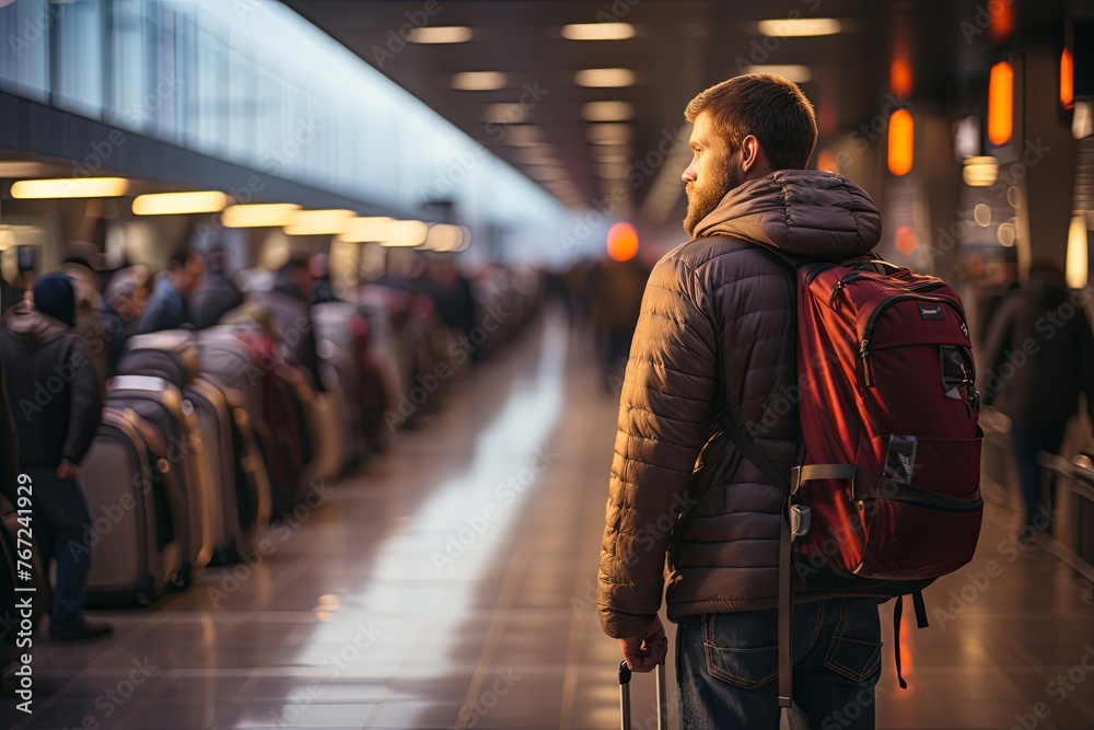 Aufkleber Traveler with backpacks and luggage bags in queue waiting for airport security check. Travelers Queuing for Security Check. Generative AI..