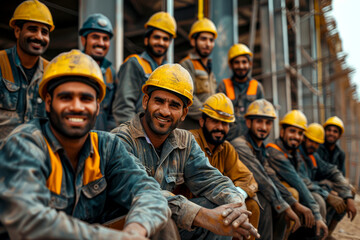 Happy construction crew posing for group photo in 4k high quality image. - obrazy, fototapety, plakaty