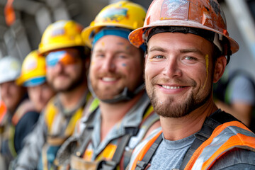 Obraz premium Happy construction crew posing for high-quality 4k group photo in uniform