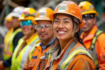 Happy Construction Crew Capturing Moment in 4K Real High Definition - Smiling Workers in Uniform Group Photo