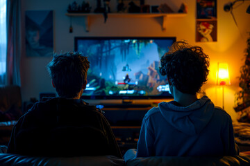 Obraz premium Dynamic Duo: Roommates Engage in Intense Video Game Battle on TV