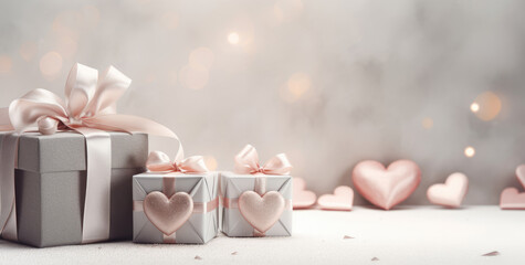 Gift box with ribbon and bow. Present box for women's day, birthday, valentine's day, surprise. New Year greeting card, poster, banner with red gift boxes, presents.