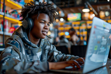 Obraz premium Young African American gamer immersed in video game on laptop at cafe with copy space for text or design.