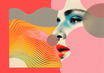 Artwork. Beautiful girl on abstract background. Collage of face and modern objects