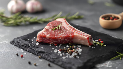 Premium Raw Lamb Chops on a Slate Plate with Rosemary