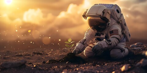 Astronaut planting seedling on barren landscape symbolizing hope for rejuvenation of Earths soil. Concept Earth Regeneration, Astronaut, Planting Seeds, Hope for Earth, Barren Landscape - obrazy, fototapety, plakaty