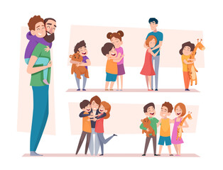 Kids hugging. Warm children hugs happy kids holding toys exact illustrations of family love