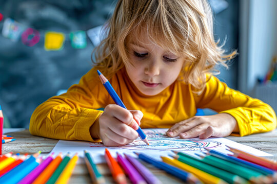 Creative young artist sketching with colored pencils in a cozy setting.