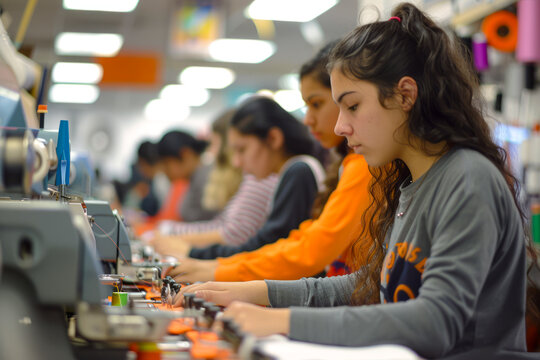 Creative Fashion Design Students Crafting Couture at Sewing Machines in Studio