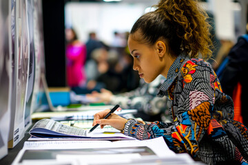 Fashion student capturing measurements and jotting down notes.