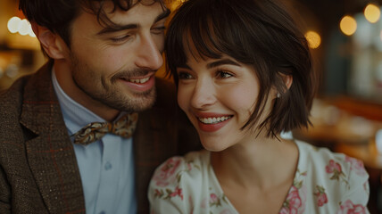 A young couple embracing and smiling.