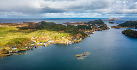 Fototapeta na wymiar Small Town, Coast on East Coast of Atlantic Ocean. Aerial Nature Background.