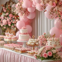 Pink party, baby shower with balloons, cakes and flwoers