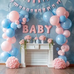 "BABY" balloon letters, pink and blue balloons, gender reveal party living room decoration