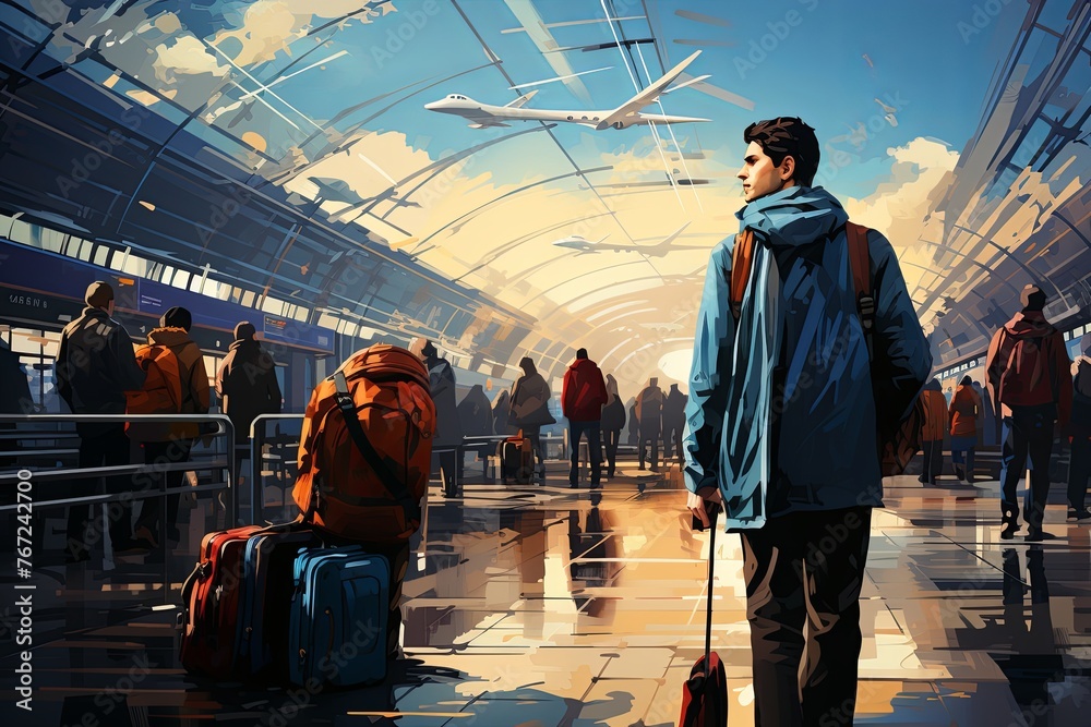 Fototapete traveler with backpacks and luggage bags in queue waiting for airport security check. travelers queu