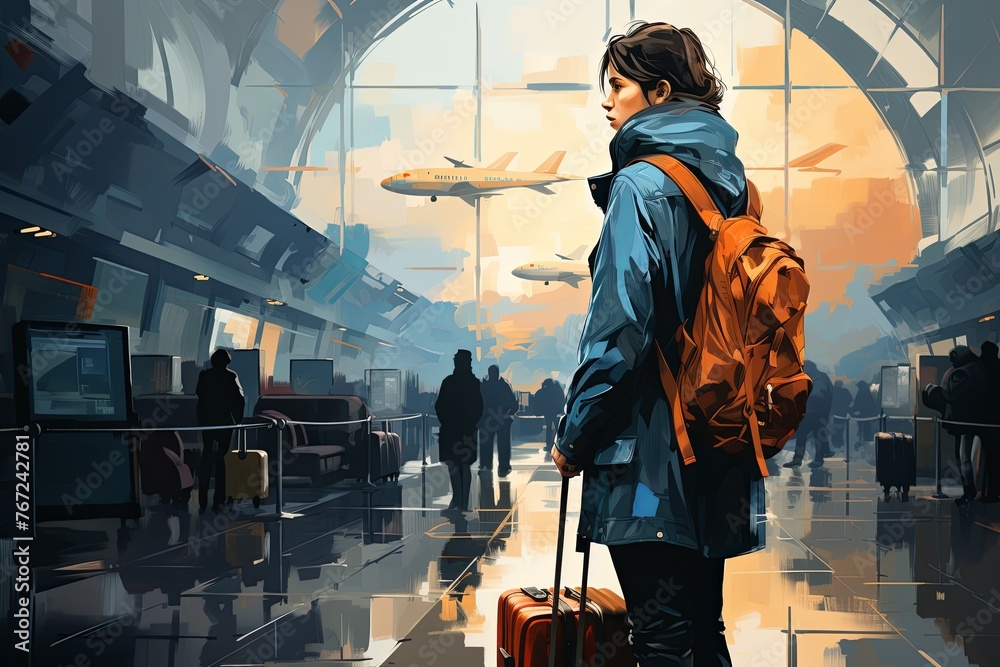 Aufkleber Traveler with backpacks and luggage bags in queue waiting for airport security check. Travelers Queuing for Security Check. Generative AI..