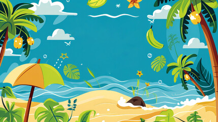 Fototapeta na wymiar Beach with palm trees tropical island. Cool illustration for the summer vacation concept. Summer is here celebration banner with copy space
