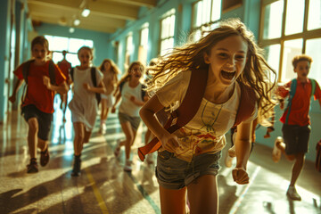Excited students sprinting down school corridors - a vibrant back to school scene captured in stunning images - Powered by Adobe
