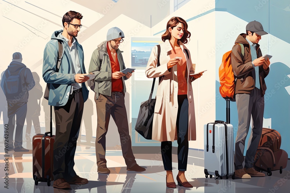 Aufkleber Traveler with backpacks and luggage bags in queue waiting for airport security check. Travelers Queuing for Security Check. Generative AI..