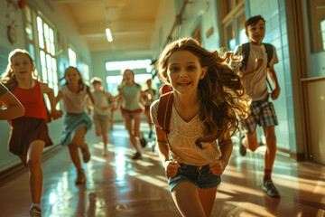 Excited children racing through school hallways - a vibrant back to school scene captured in stunning imagery!
