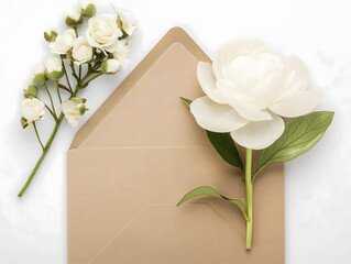 Elegant Peonies and Blank Card on Rustic Wooden Background