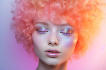 Obraz premium Peach Fuzz colour background, look at the camera, Holographic tones, woman portrait with multichrome powder covered face.