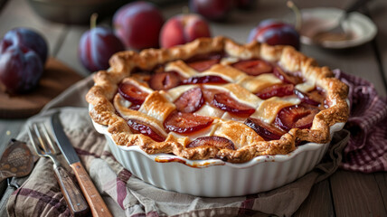 Photo of a baked plum pie - obrazy, fototapety, plakaty