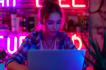 Vibrant Neon Home Office: A Modern Girl Blogs with Laptop and Tablet, Unleashing Free Creativity