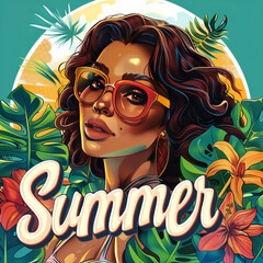 girl with sunglasses retro-style poster design for the summer season. Cool poster design with typography summer 