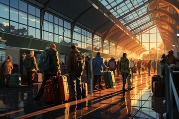 Traveler with backpacks and luggage bags in queue waiting for airport security check. Travelers Queuing for Security Check. Generative AI.. - obrazy, fototapety, plakaty