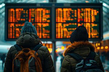 Travelers at the airport checking the departure board for flight information. Explore available flights and plan your next adventure!