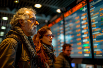 Travelers gazing at the departure board for flight information - Explore flight options at the airport.