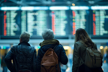 Travelers gazing at the departure board to check flight status at the airport - Explore flight options with fellow passengers.