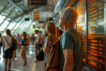Travelers checking flight departures at the airport, searching for their next adventure. - obrazy, fototapety, plakaty