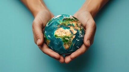 Two hands cradle a miniature Earth against a vivid blue background, symbolizing care and responsibility for our planet. World environment day, Earth world protection concept. Generative AI.