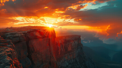 A sunset over a mountainous landscape.
