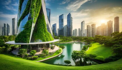 Eco-friendly futuristic building the modern green city Office building with green environment. Corporate building reduce CO2 - obrazy, fototapety, plakaty