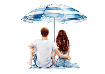 Couple in love, girl and guy on the seashore on the beach under an umbrella, back view, watercolor illustration