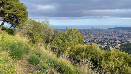 Fototapeta na wymiar Panoramic view of Barcelona city from the hill, rainy spring weather landscape