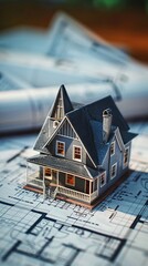 A miniature model of an architectural house on top of blueprints, symbolizing home construction and real estate sales ,photorealistic techniques, soft edges and atmospheric effects, stock photo, detai