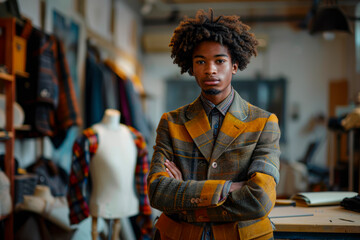 Creative African American fashion designer working on project in atelier with mannequin. Successful business in the making for young curly hair tailor. - obrazy, fototapety, plakaty