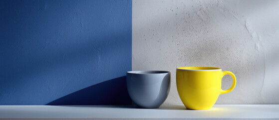 Mock-up of a mug on a minimalistic background. Modern table against a pale lavender wall, minimalistic decoration, copy space