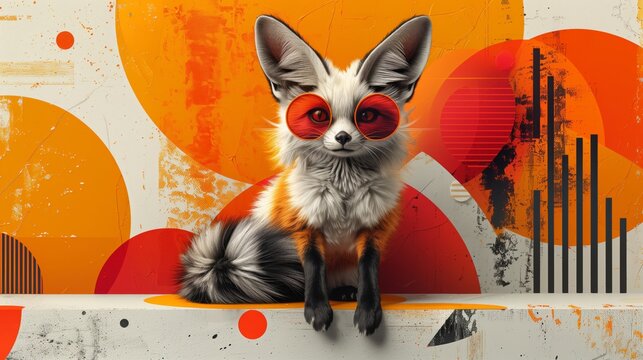Surreal fennec fox on abstract background. Digital illustration of a stylized fennec fox with vibrant red eyes against a modern abstract backdrop