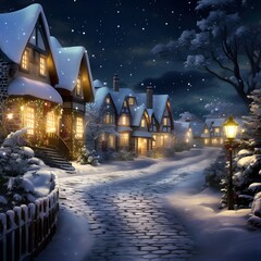 Snowy night in a snowy winter village. 3D illustration.