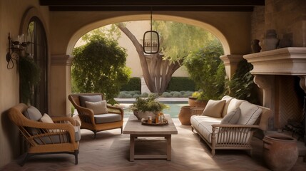 Sunlit Provencal-style courtyard loggia with stone arches wood beams rustic fireplace and antique fountain all draped in vines.