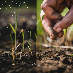 Fotobehang hand sowing a grass seed © Aleksandra